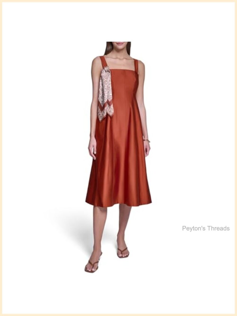 Sleeveless Cotton Sateen Fit and Flare Midi Dress with Scarf